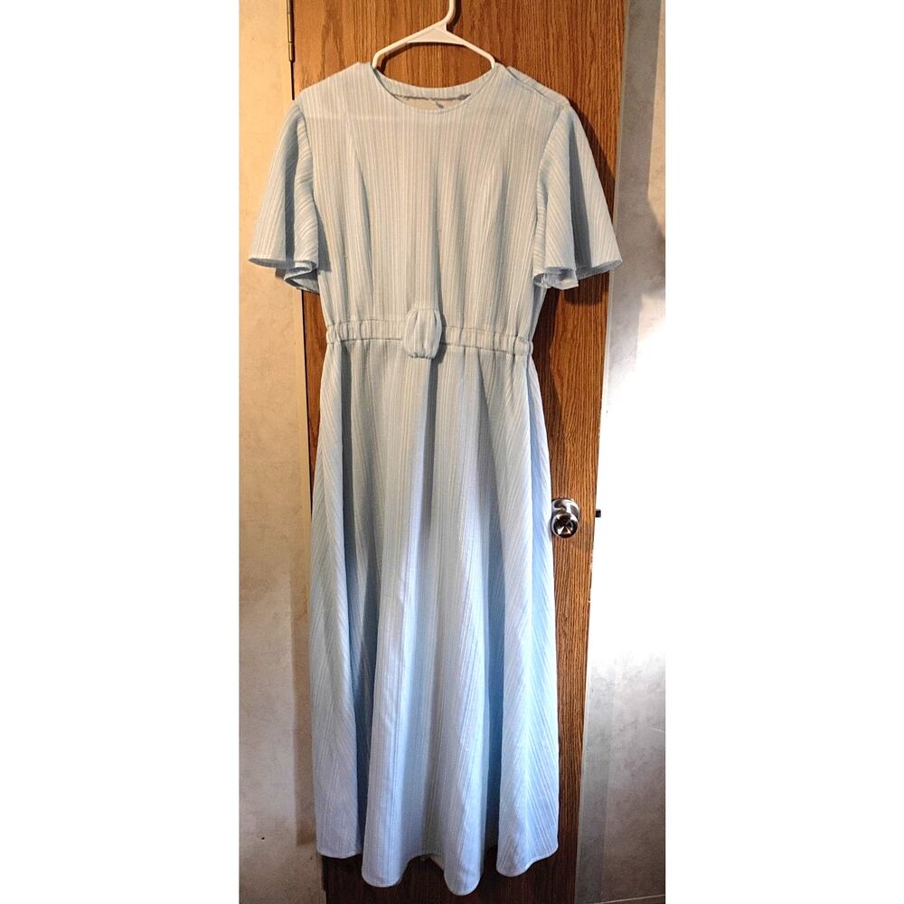 Vintage Blue Textured Maxi Dress Large Modest Drawstring Cottagecore House Dress